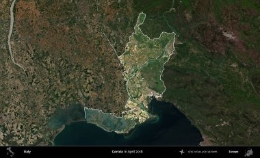 Gorizia. İtalya 'nın idari alanı, Nisan 2018' de çekilen Kopernik Sentinel karolarından oluşan koyu renkli bir uydu görüntüsü üzerinde vurgulandı ve özetlendi.