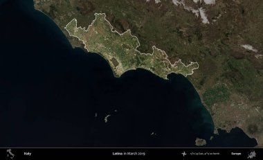 Latin. İtalya 'nın idari alanı, Mart 2019' da çekilen Kopernik Nöbetçi karolarından oluşan koyu renkli bir uydu görüntüsü üzerine vurgulandı ve özetlendi.