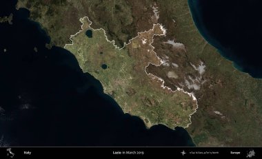 Lazio. İtalya 'nın idari alanı, Mart 2019' da çekilen Kopernik Nöbetçi karolarından oluşan koyu renkli bir uydu görüntüsü üzerine vurgulandı ve özetlendi.