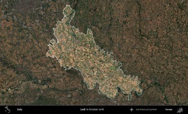 Lodi. İtalya 'nın idari alanı, Ekim 2018' de çekilen Kopernik Nöbetçi karolarından oluşan koyu renkli bir uydu görüntüsü üzerine vurgulandı ve özetlendi.