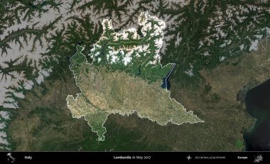 Lombardia 'da. İtalya 'nın idari alanı, Mayıs 2017' de çekilen Kopernik Sentinel karolarından oluşan koyu renkli bir uydu görüntüsü üzerinde vurgulandı ve özetlendi.