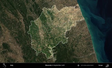 Macerata. İtalya 'nın idari alanı, Eylül 2018' de çekilen Kopernik Sentinel karolarından oluşan koyu renkli bir uydu görüntüsü üzerinde vurgulandı ve özetlendi.