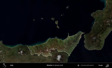 Messina. İtalya 'nın idari alanı, Ocak 2018' de çekilen Kopernik Nöbetçi karolarından oluşan koyu renkli bir uydu görüntüsü üzerine vurgulandı ve özetlendi.