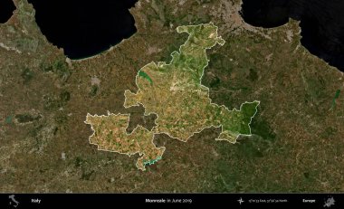 Tek gerçek. İtalya 'nın idari alanı, Haziran 2019' da çekilen Kopernik Sentinel karolarından oluşan koyu renkli bir uydu görüntüsü üzerine vurgulandı ve özetlendi.