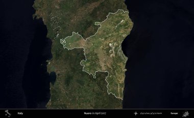 Nuoro. İtalya 'nın idari alanı, Nisan 2017' de çekilen Kopernik Sentinel karolarından oluşan koyu renkli bir uydu görüntüsü üzerinde vurgulandı ve özetlendi.