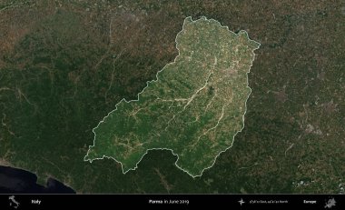 Parma. İtalya 'nın idari alanı, Haziran 2019' da çekilen Kopernik Sentinel karolarından oluşan koyu renkli bir uydu görüntüsü üzerine vurgulandı ve özetlendi.