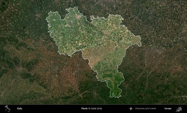 Pavia. İtalya 'nın idari alanı, Haziran 2019' da çekilen Kopernik Sentinel karolarından oluşan koyu renkli bir uydu görüntüsü üzerine vurgulandı ve özetlendi.