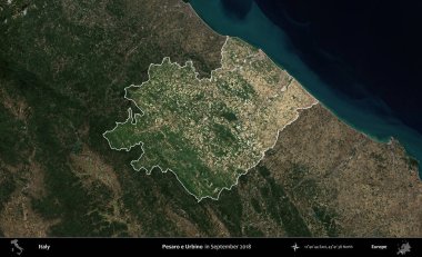 Pesaro ve Urbino. İtalya 'nın idari alanı, Eylül 2018' de çekilen Kopernik Sentinel karolarından oluşan koyu renkli bir uydu görüntüsü üzerinde vurgulandı ve özetlendi.