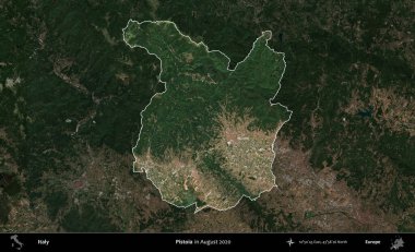 Pistoia 'da. İtalya 'nın idari alanı, Ağustos 2020' de çekilen Kopernik Sentinel karolarından oluşan koyu renkli bir uydu görüntüsü üzerine vurgulandı ve özetlendi.