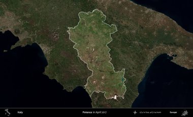 Potenza. İtalya 'nın idari alanı, Nisan 2017' de çekilen Kopernik Sentinel karolarından oluşan koyu renkli bir uydu görüntüsü üzerinde vurgulandı ve özetlendi.