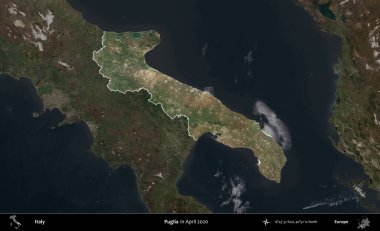 Puglia. İtalya 'nın idari alanı, Nisan 2020' de çekilen Kopernik Nöbetçi karolarından oluşan koyu renkli bir uydu görüntüsü üzerine vurgulandı ve özetlendi.