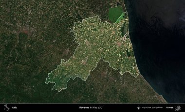 Ravenna. İtalya 'nın idari alanı, Mayıs 2017' de çekilen Kopernik Sentinel karolarından oluşan koyu renkli bir uydu görüntüsü üzerinde vurgulandı ve özetlendi.
