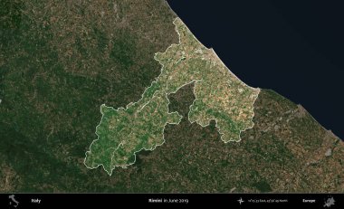 Rimini. İtalya 'nın idari alanı, Haziran 2019' da çekilen Kopernik Sentinel karolarından oluşan koyu renkli bir uydu görüntüsü üzerine vurgulandı ve özetlendi.