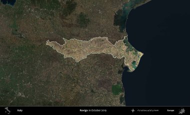 Rovigo. İtalya 'nın idari alanı, Ekim 2019' da çekilen Kopernik Nöbetçi karolarından oluşan koyu renkli bir uydu görüntüsü üzerine vurgulandı ve özetlendi.