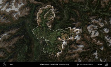 Salten-Schlern - Salto-Sciliar. İtalya 'nın idari alanı, Ekim 2019' da çekilen Kopernik Nöbetçi karolarından oluşan koyu renkli bir uydu görüntüsü üzerine vurgulandı ve özetlendi.