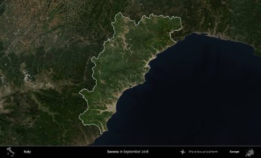Savona. İtalya 'nın idari alanı, Eylül 2018' de çekilen Kopernik Sentinel karolarından oluşan koyu renkli bir uydu görüntüsü üzerinde vurgulandı ve özetlendi.