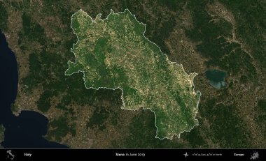 Siena. İtalya 'nın idari alanı, Haziran 2019' da çekilen Kopernik Sentinel karolarından oluşan koyu renkli bir uydu görüntüsü üzerine vurgulandı ve özetlendi.