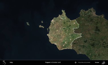 Trapani. İtalya 'nın idari alanı, Ekim 2018' de çekilen Kopernik Nöbetçi karolarından oluşan koyu renkli bir uydu görüntüsü üzerine vurgulandı ve özetlendi.