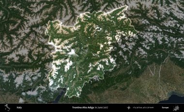 Trentino-Alto Adige. İtalya 'nın idari alanı, Haziran 2017' de çekilen Kopernik Sentinel karolarından oluşan koyu renkli bir uydu görüntüsü üzerinde vurgulandı ve özetlendi.