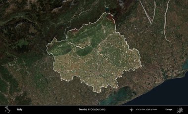 Treviso. İtalya 'nın idari alanı, Ekim 2019' da çekilen Kopernik Nöbetçi karolarından oluşan koyu renkli bir uydu görüntüsü üzerine vurgulandı ve özetlendi.
