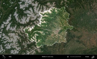 Torino. İtalya 'nın idari alanı, Haziran 2019' da çekilen Kopernik Sentinel karolarından oluşan koyu renkli bir uydu görüntüsü üzerine vurgulandı ve özetlendi.