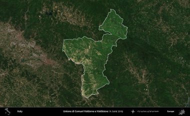 Unione di Comuni Valdarno e Valdisieve. İtalya 'nın idari alanı, Haziran 2019' da çekilen Kopernik Sentinel karolarından oluşan koyu renkli bir uydu görüntüsü üzerine vurgulandı ve özetlendi.