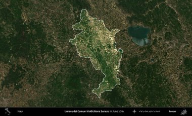 Tek dei Comuni Valdichiana Senese. İtalya 'nın idari alanı, Haziran 2019' da çekilen Kopernik Sentinel karolarından oluşan koyu renkli bir uydu görüntüsü üzerine vurgulandı ve özetlendi.