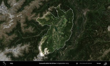 Comunita della Val di Non. İtalya 'nın idari alanı, Eylül 2023' te çekilen Kopernik Sentinel karolarından oluşan koyu renkli bir uydu görüntüsü üzerinde vurgulandı ve özetlendi.