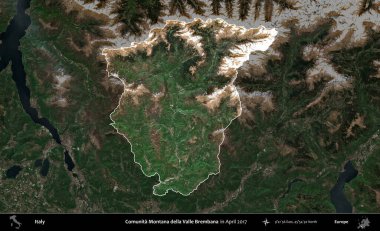 Comunita Montana della Valle Brembana. İtalya 'nın idari alanı, Nisan 2017' de çekilen Kopernik Sentinel karolarından oluşan koyu renkli bir uydu görüntüsü üzerinde vurgulandı ve özetlendi.