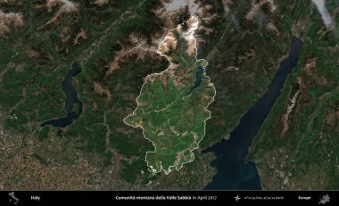 Comunita montana della Valle Sabbia. İtalya 'nın idari alanı, Nisan 2017' de çekilen Kopernik Sentinel karolarından oluşan koyu renkli bir uydu görüntüsü üzerinde vurgulandı ve özetlendi.