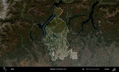 Varese. İtalya 'nın idari alanı, Ekim 2017' de çekilen Kopernik Nöbetçi karolarından oluşan koyu renkli bir uydu görüntüsü üzerine vurgulandı ve özetlendi.