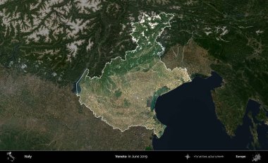 Veneto. İtalya 'nın idari alanı, Haziran 2019' da çekilen Kopernik Sentinel karolarından oluşan koyu renkli bir uydu görüntüsü üzerine vurgulandı ve özetlendi.