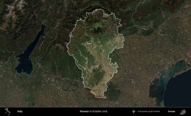 Vicenza. İtalya 'nın idari alanı, Ekim 2019' da çekilen Kopernik Nöbetçi karolarından oluşan koyu renkli bir uydu görüntüsü üzerine vurgulandı ve özetlendi.