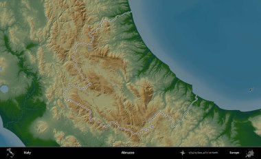 Abruzzo. İtalya 'nın idari bölgesi renkli bir yükseklik haritasında özetlendi