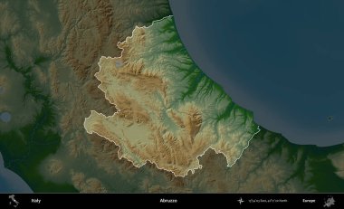 Abruzzo. İtalya 'nın idari alanı koyu renkli bir yükseklik haritasına vurgulandı ve özetlendi