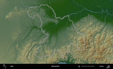 Alessandria. İtalya 'nın idari bölgesi renkli bir yükseklik haritasında özetlendi