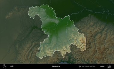 Alessandria. İtalya 'nın idari alanı koyu renkli bir yükseklik haritasına vurgulandı ve özetlendi
