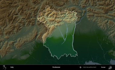 Pordenone. İtalya 'nın idari alanı koyu renkli bir yükseklik haritasına vurgulandı ve özetlendi