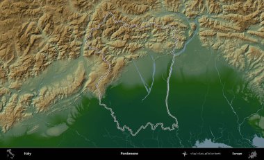 Pordenone. İtalya 'nın idari bölgesi renkli bir yükseklik haritasında özetlendi