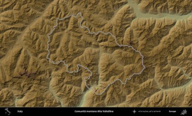 Comunita montana Alta Valtellina. İtalya 'nın idari bölgesi renkli bir yükseklik haritasında özetlendi