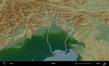 Udine. İtalya 'nın idari bölgesi renkli bir yükseklik haritasında özetlendi