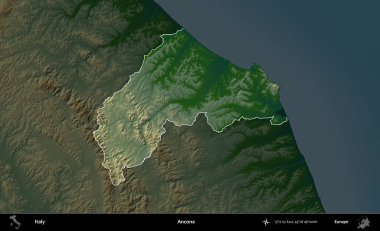 Ancona 'da. İtalya 'nın idari alanı koyu renkli bir yükseklik haritasına vurgulandı ve özetlendi