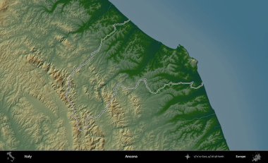 Ancona 'da. İtalya 'nın idari bölgesi renkli bir yükseklik haritasında özetlendi