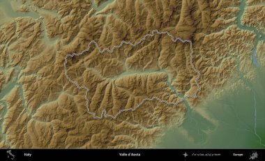 Valle d'Aosta. İtalya 'nın idari bölgesi renkli bir yükseklik haritasında özetlendi