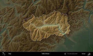 Valle d'Aosta. İtalya 'nın idari alanı koyu renkli bir yükseklik haritasına vurgulandı ve özetlendi