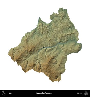 Appennino Reggiano. İtalya 'nın idari bölgesi renkli bir yükseklik haritasında beyaza izole edilmiş