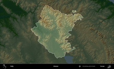 Arezzo. İtalya 'nın idari alanı koyu renkli bir yükseklik haritasına vurgulandı ve özetlendi