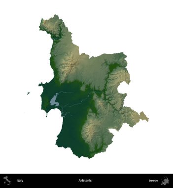 Aristanis. İtalya 'nın idari bölgesi renkli bir yükseklik haritasında beyaza izole edilmiş