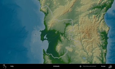Aristanis. İtalya 'nın idari bölgesi renkli bir yükseklik haritasında özetlendi