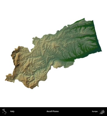Ascoli Piceno. İtalya 'nın idari bölgesi renkli bir yükseklik haritasında beyaza izole edilmiş